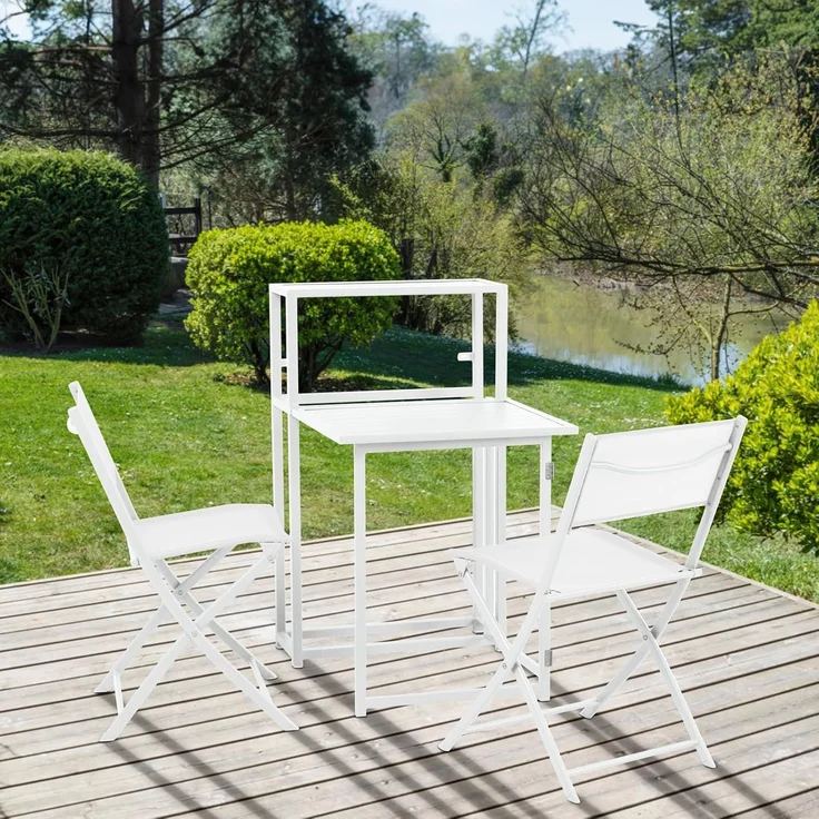 SVITA Balkonset, (Platzsparendes Set, Ausklappbarer Tisch mit 2 Stühlen und ein Regal zum Verstauen), Tisch und Stühle platzsparend verstaubar – Bild 3