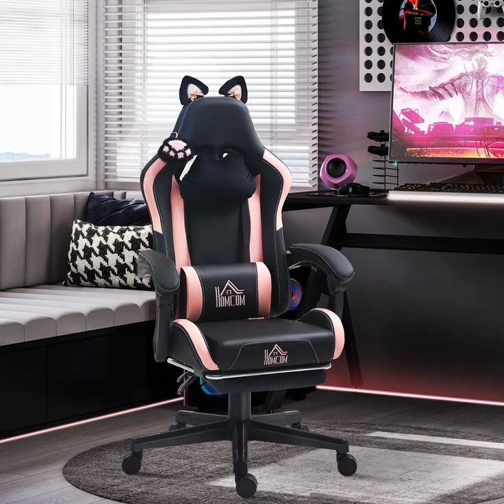 MELAYR, Liegender Gamer-Stuhl mit höhenverstellbarer, einziehbarer Fußstütze, 65 x 62 x 124 cm, Schwarz – Bild 3