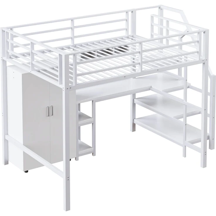 Hochbett 140 × 200 cm, integrierter Schreibtisch, Kleiderschrank, offene Regale und Ablageleiter, platzsparendes Design, Weiß – Bild 8
