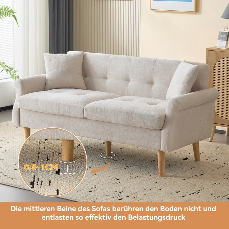 Chenille Kompaktsofa mit Federkern & hohen Massivholzfüßen, 162x74x77 cm, Beige – Bild 8