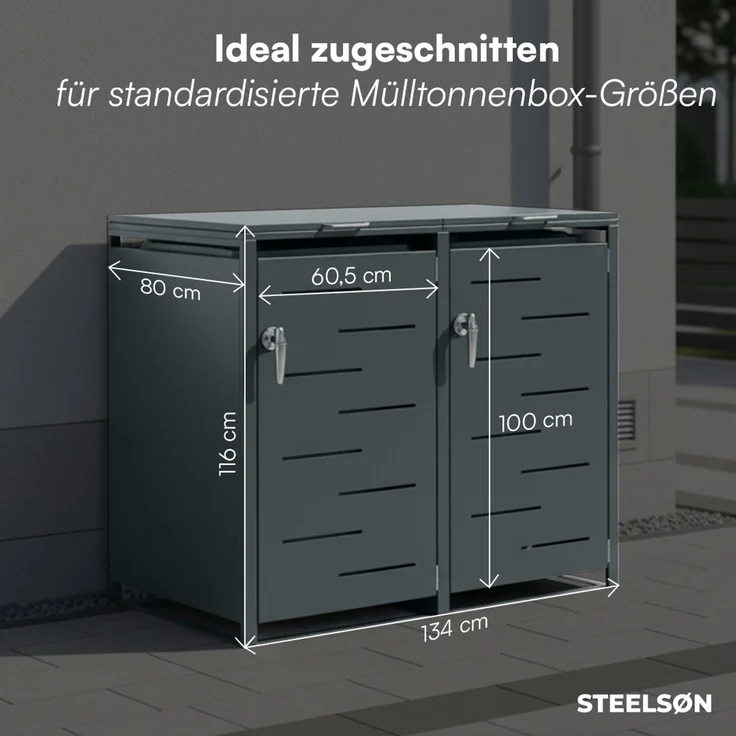STEELSØN 'Diorus' Mülltonnenbox 2er je 240 Liter, anthrazit, Mülltonnenverkleidung aus Stahl mit Sichtstreifen, wetterfest, 116x80x134 cm, abschließbare Müllbox für 2 Tonnen – Bild 6