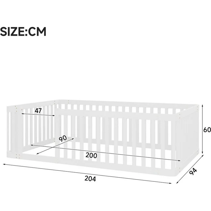 Flieks Kinderbett, Massivholzbett Bodenbett 90x200cm mit Zaun ohne Lattenrost – Bild 3