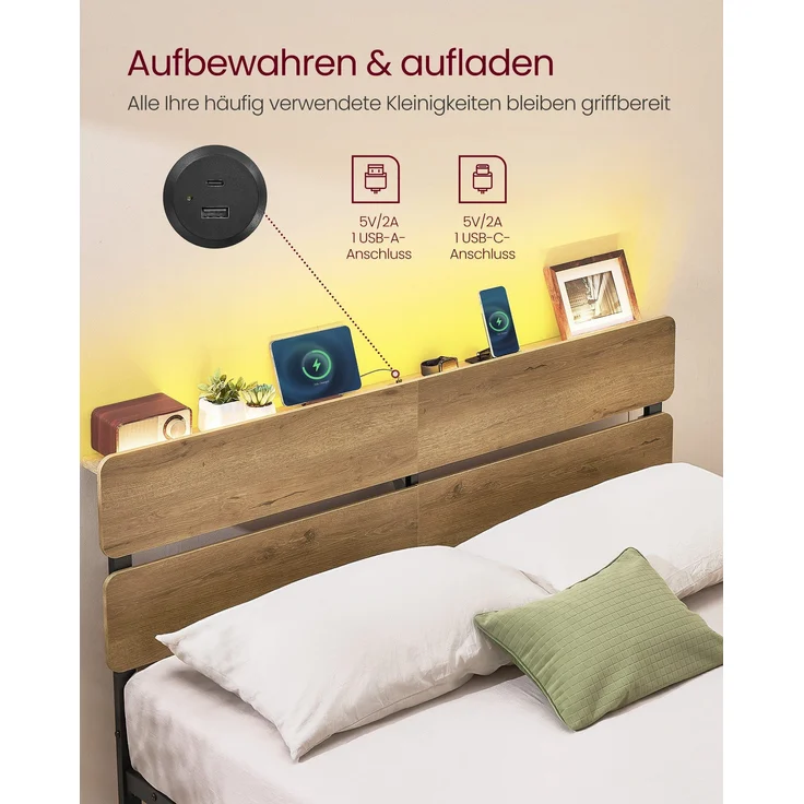 VASAGLE Einzelbettgestell, Bett, 140 x 200 cm, Metallrahmen, LED-Beleuchtung, USB-A- und USB-C-Anschluss, Unterbettaufbewahrung, Industrie-Stil, einfache Montage – Bild 3