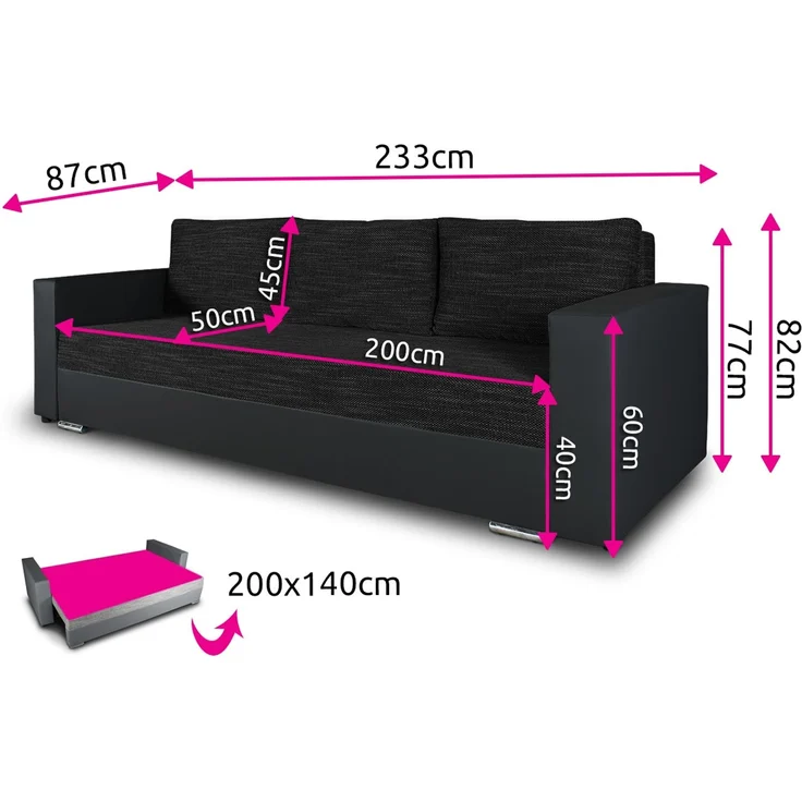 Schlafsofa Bird - Sofa mit Schlaffunktion und Bettkasten, Klappsofa, Schlafcouch mit Chromfüße, Couch, Couchgarnitur, Sofagarnitur (Schwarz + Schwarz (Dolaro 08 + Berlin 02)) – Bild 5
