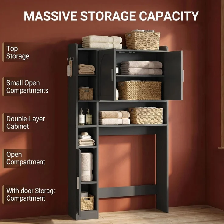 Halupeit Schwarzer Schrank für über der Toilette mit 3 Türen, 5 offenen Fächern und verstellbaren Einlegeböden, Schwarz, 24,5 x 82,5 x 170,5 cm – Bild 2