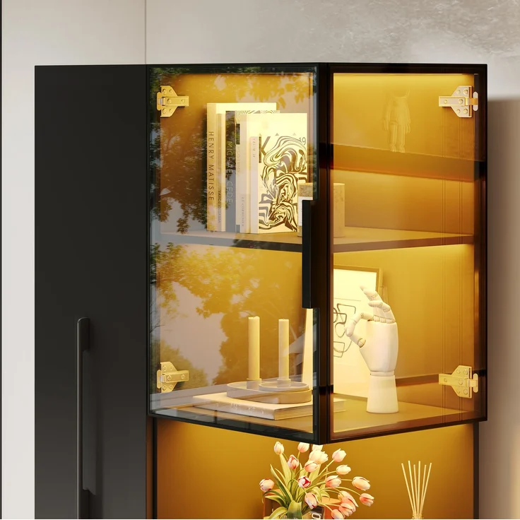 Vitrinenschrank 70 x 38 x 160 cm in Schwarz mit Glasfront, Ausziehregalen und LED-Beleuchtung – Bild 8