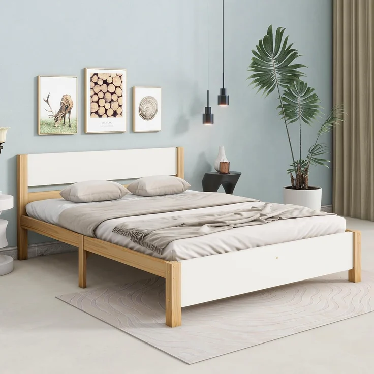 Ball & Cast Massivholzbett (140x200 cm) mit Kopf- und Fußteil aus MDF, Holzbett mit Lattenrost, ohne Matratzen, EStabil & Rauschlos, Weiß+Natur – Bild 3