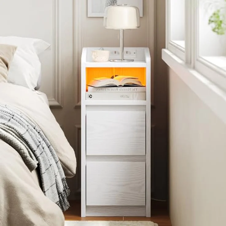 IRONCK Nachttisch Schmal (2, Weiß) | Bedside Table mit Offenem Fach für Schmale Räume Schlafzimmer, Wohnzimmer, 2 Schubladen,2 AC-Steckdosen,USB+Typ-C Anschlusse – Bild 2
