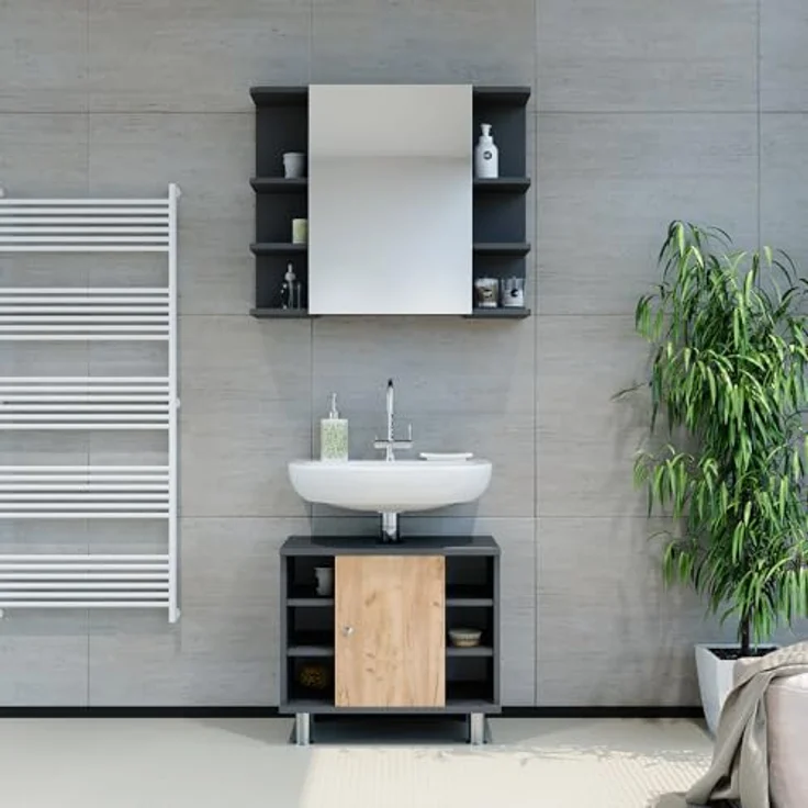 Vichy Badmöbelset Fynn, Waschbeckenunterschrank und Spiegelschrank in Anthrazit/Goldkraft Eiche, 2 Teile – Bild 4