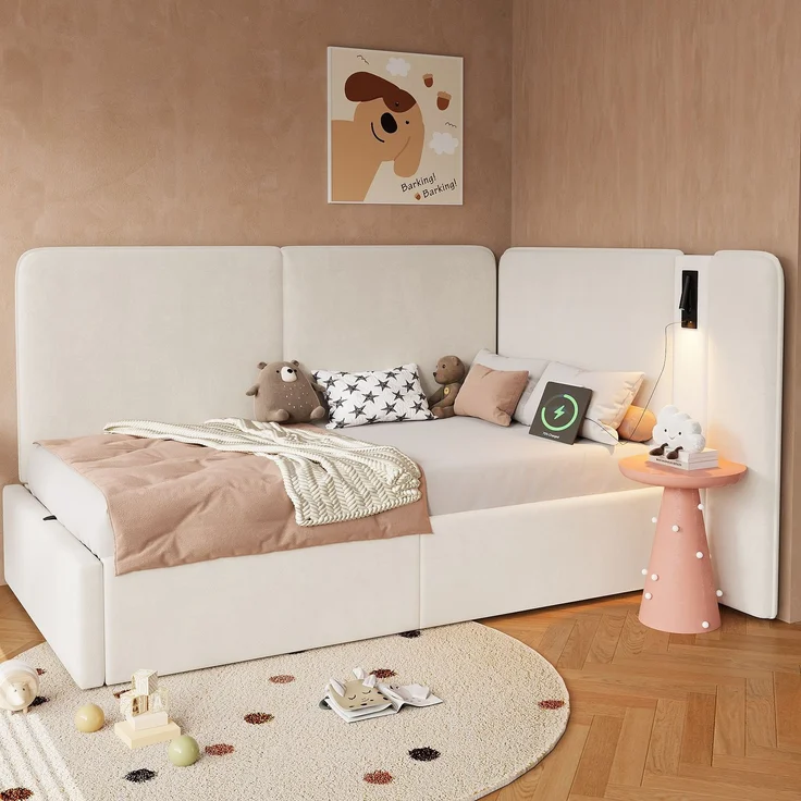 Merax Einzelbett, Kinderbett, Polsterbett 90x200 cm Daybett, mit hydraulischem Stauraum Aufladen Leselampe, Samt, beige – Bild 2