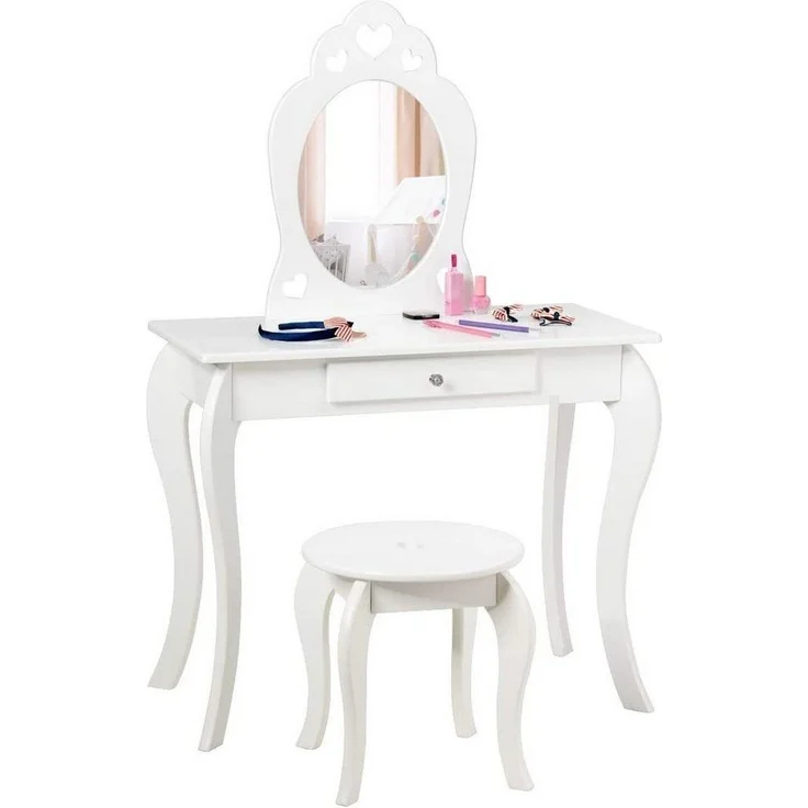 COSTWAY Kinder Schminktisch, Make-up Tisch mit Hocker und abnehmbarem Spiegel, Frisierkommode Holz, Maedchen Frisiertisch mit Schublade 70 x 34 x 105 cm Weiss – Bild 1