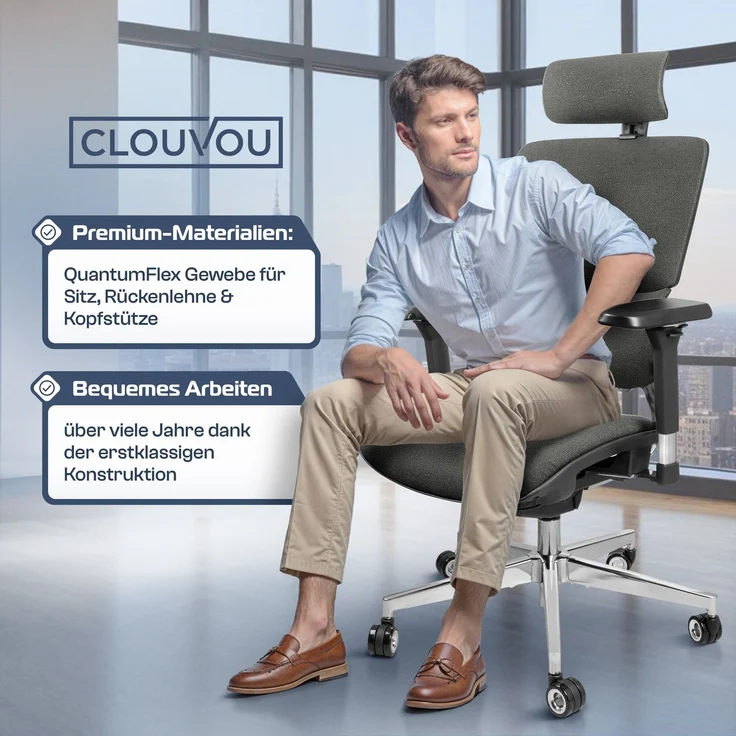 CLOUVOU MasterSeat, ergonomischer Bürostuhl, höhenverstellbare Rückenlehne mit thermoregulativem Bezug, 4D-Armlehnen, 3D-Kopfstütze, Anthrazit – Bild 7
