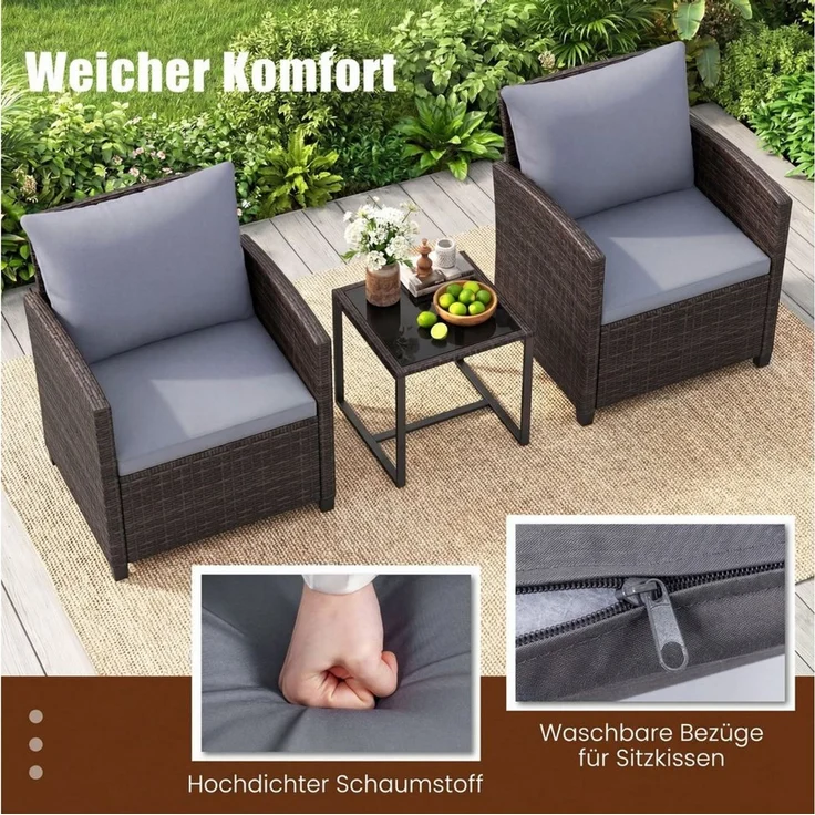 COSTWAY Balkonset, (3-tlg), Rattan Gartenmöbel mit 2 Stühle & Tisch, 2 Personen – Bild 4