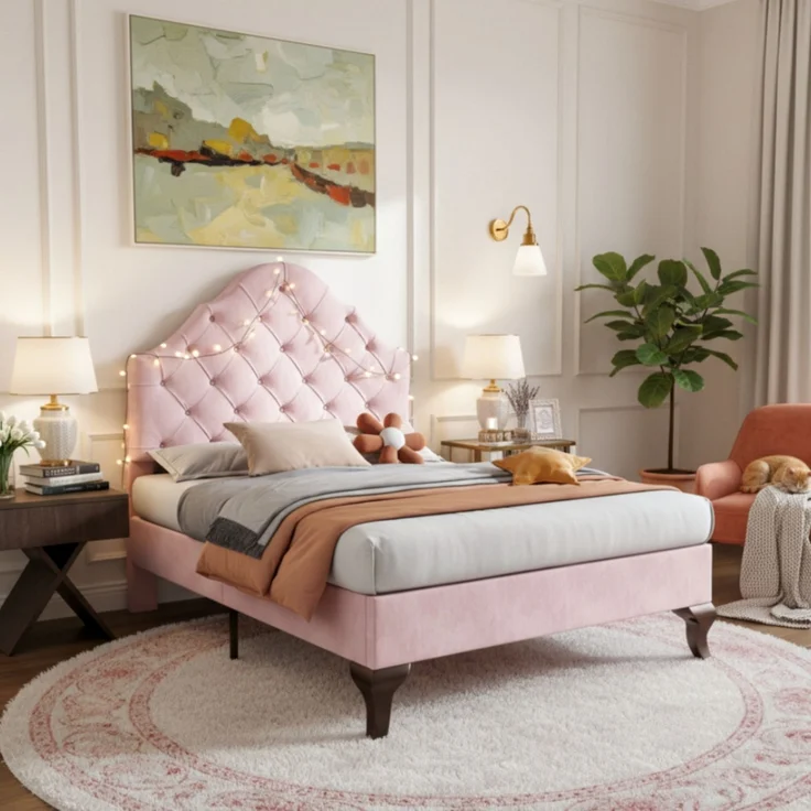 EINHOM Polsterbett 90 x 200 cm mit Lattenrost und Kopfteil, Polsterbett mit Höhenverstellbares Kopfteil, Jugendbett, Einzelbett, Holzlattenunterstützung, Einfache Montage, Samt, Rosa, (Ohne Matratze) – Bild 4