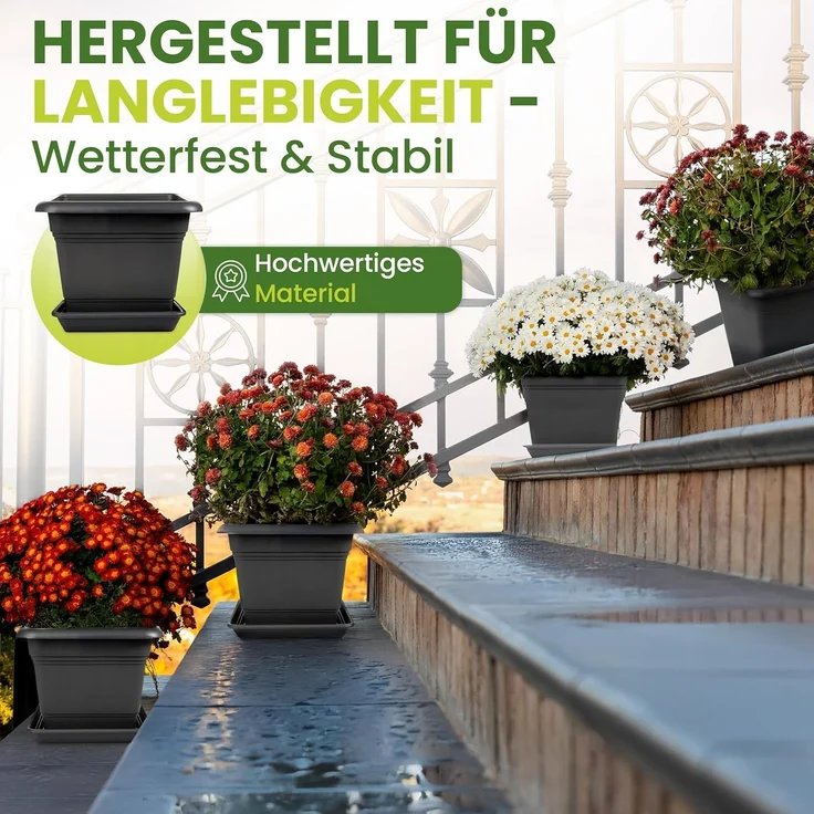 Centi Pflanzkübel Blumentopf Gross, Pflanzentopf Groß Außen, Blumentopf mit Löcher (Spar Set, 8 St, 40x40 cm), inkl. Untersetzer, Pflanzkübel Kunststoff, Blumenkübel Antrazith – Bild 4