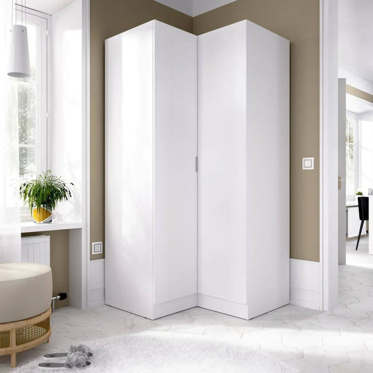 Dmora Kleiderschrank 2 Türen Aser, Eckschrank für Schlafzimmer, Eckschrank, 91x93h184 cm, Weiß – Bild 2