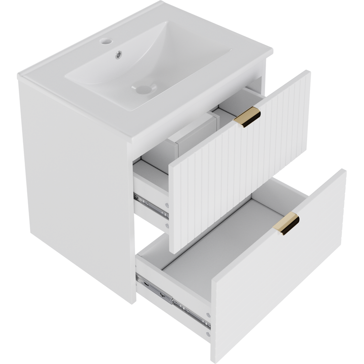 61*46*57cm Wandhängender Waschtisch, MDF volllackiert, zwei geräuschlose Schubladen, horizontal und vertikal strukturierte Schubladenfronten, integriertes Waschbecken, Weiß – Bild 10