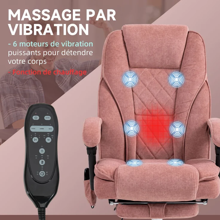 MELAYR, Pinkfarbener Bürostuhl mit Massage- und Heizfunktion, verstellbarer Höhe, 74 x 35 x 57 cm, Rosa – Bild 6