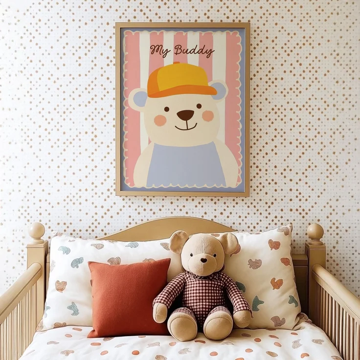 Poster Kinderzimmer Bär · My Buddy Schriftzug · Süßes Tierposter mit Mütze · Rosa & Pastell Deko · Freundliches Wandbild · Ohne Rahmen - 20x25cm – Bild 2