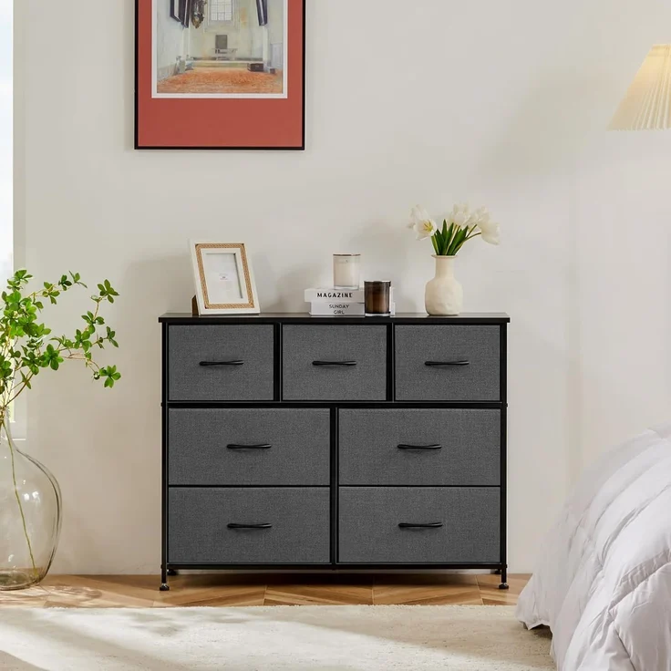 DUMOS Kommode für Schlafzimmer mit 7 Stoffschubladen hohe Kommode Organizer für Kleidung Schrank Kinderzimmer Aufbewahrungsturm mit Schrank Metallrahmen Holzplatte leichte Kinderzimmermöbel – Bild 2
