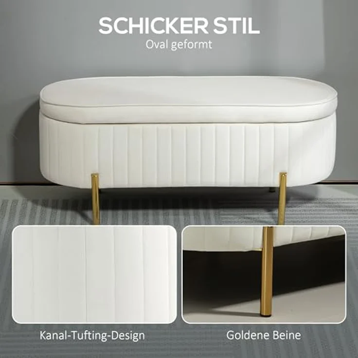 HOMCOM Sitzbank mit Klappdeckel und Stauraum (Sitztruhe, 1-St, Stoffbezug), Holz, Metall, Cremeweiß+Golden – Bild 6