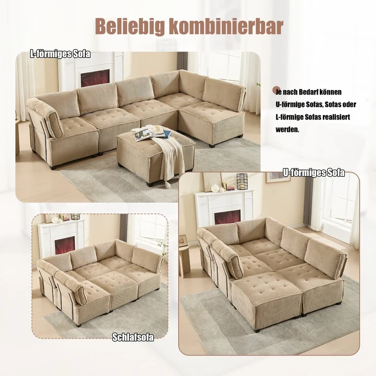 LVHOM Modulares Sofa U Form 308 x 82 x 154 cm, 6-Sitzer mit Schlaffunktion, Modular Cord Ecksofa, umwandelbares Schaumstoffsofa, Sofagarnitur, Khaki – Bild 3