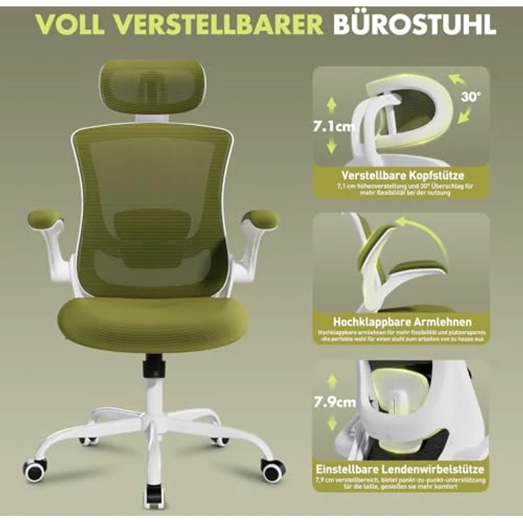 COLAMY Bürostuhl Mesh Computerstuhl, Bürostuhl Ergonomisch, Arbeitsstuhl mit Verstellbarer Kopfstütze und Lendenwirbelstütze, Schreibtisch Stuhl mit hochklappbarer Armlehne, 140° Wippfunktion, Grün – Bild 6