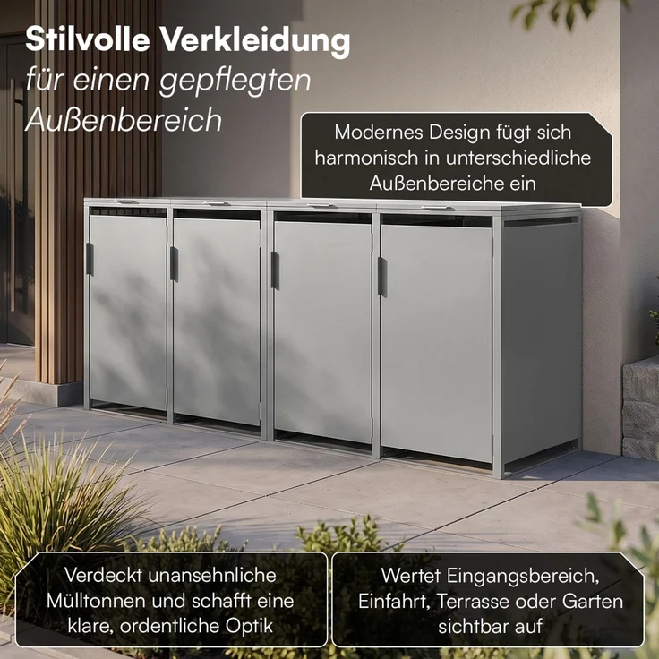 STEELSØN 'Thoria' Mülltonnenbox 4er je 240 Liter, grau, Mülltonnenverkleidung aus Stahl, wetterfest, 116x80x268 cm, Müllbox für 4 Tonnen – Bild 11