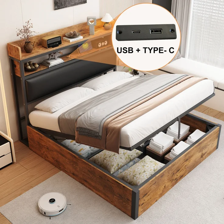Bettrahmen 140x200 cm mit hydraulischer Hebevorrichtung, USB-Ladestation, gepolstertem Kopfteil, Vintage-Design aus Holz und Metall, Schwarz – Bild 5