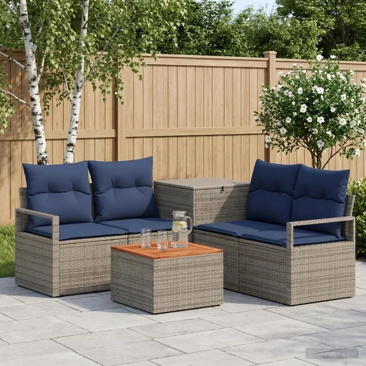vidaXL Sofa Set 6 stk. Grau und Marineblau Polyrattan und Stahl 3447247