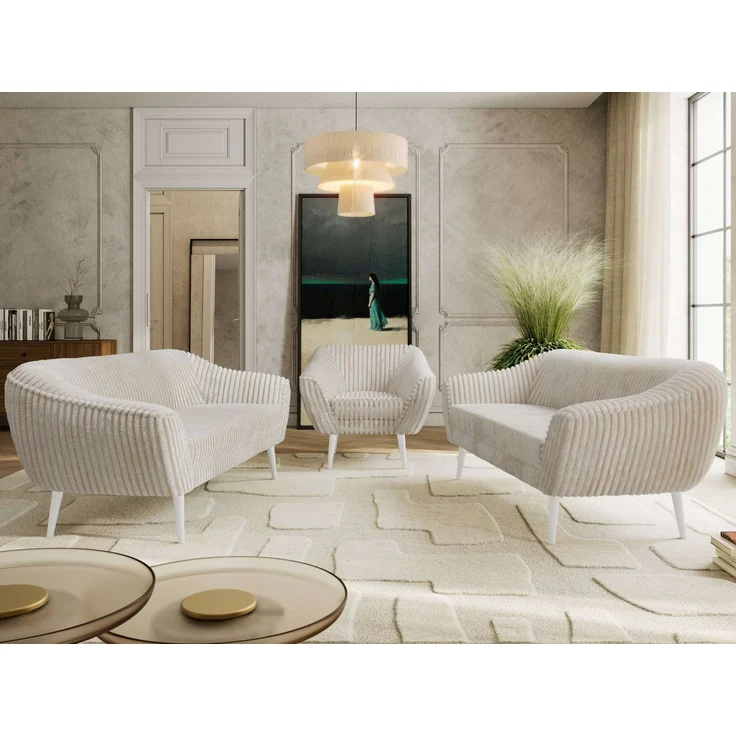 Wohnzimmerset, Möbelset PIRS 3-3-1, Armlehnen, Wellenfederung, weiße Füße, Dreisitzer Sofas mit Sessel, Polstermöbel Set - Beige Cord – Bild 3