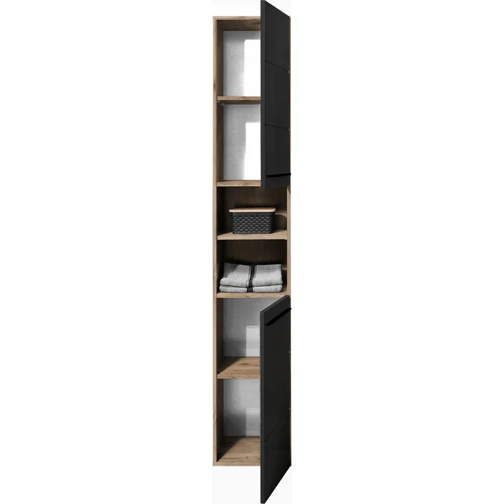 Hochschrank >Vista < 2 Türen, 6 Fächer, schwarz / viking oak Dekor - 34x190x31cm (BxHxT) – Bild 3