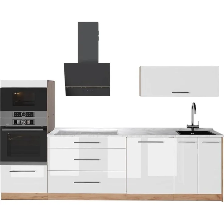 Küchenzeile Fame-Line Weiß Hochglanz/Goldkraft Eiche 280 cm, AP Marmor Vicco – Bild 1