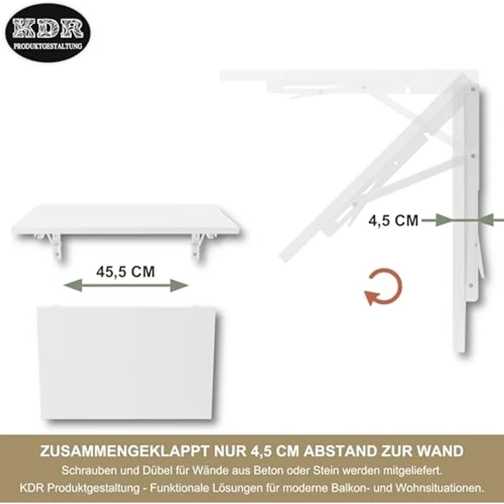 KDR Produktgestaltung Klapptisch 60x40 Wandklapptisch Esstisch Küchentisch Schreibtisch Wand Tisch, Weiß – Bild 6