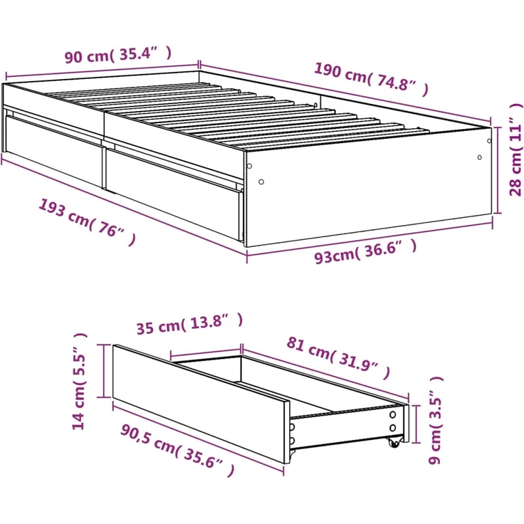 vidaXL Bettgestell mit Schubladen Braun Eichen-Optik 90x190 cm 3280712 – Bild 9