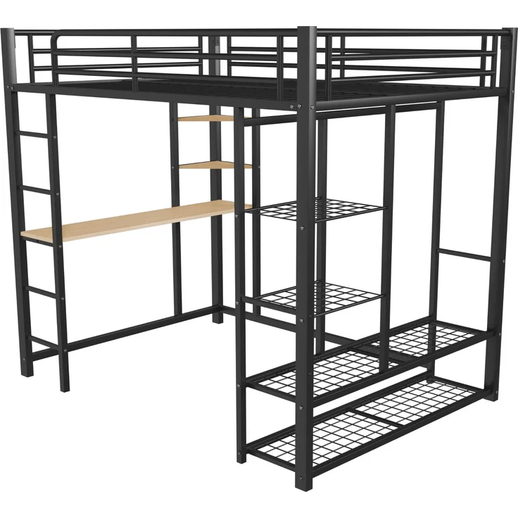 ZUBALIYA Metall-Hochbett mit Leiter 140x200 cm, Juniorbett Doppelbett mit Tisch mit einfachen Kleiderbügeln mit Ablagefächern, Schwarz – Bild 17