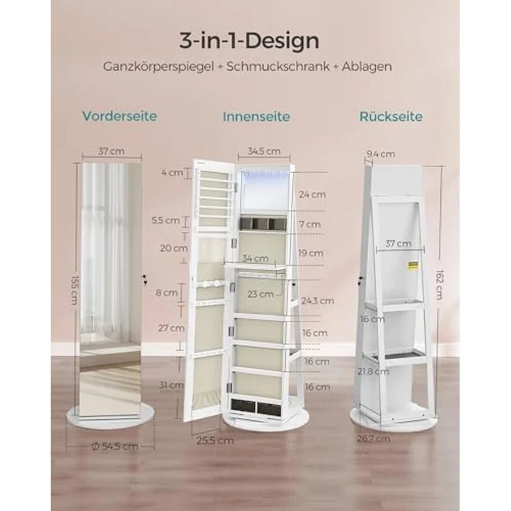 Songmics Schmuckschrank mit rahmenlosem Ganzkörperspiegel, 360° drehbar, abschließbar, Oberfläche weiß | Innenfutter grau, 162 x 54,5 x 54,5 cm – Bild 5