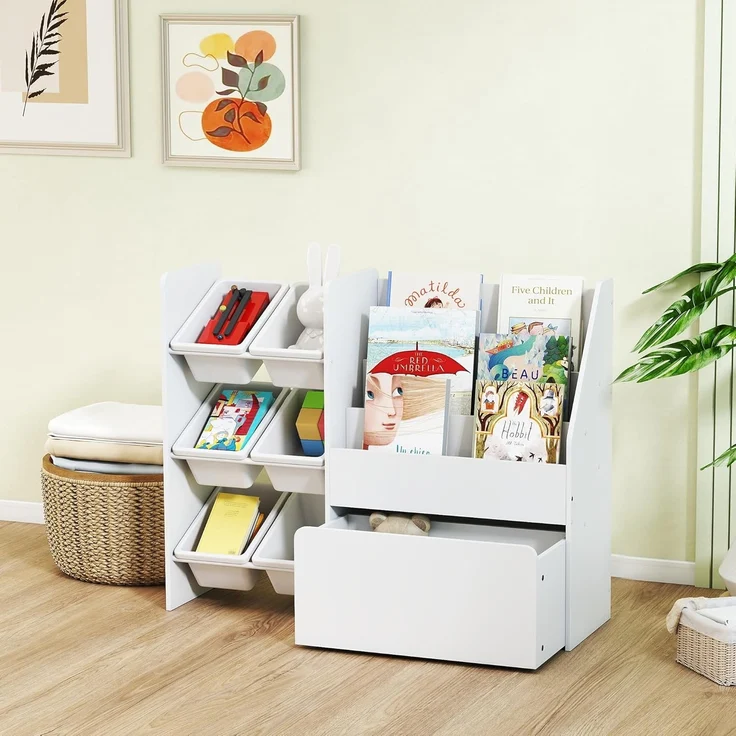 AIYAPLAY Spielzeugtruhe mit 6 herausnehmbaren Aufbewahrungsboxen, Bücherablage, rollbarer Box (Kinderregal, 1 St, Kinder-Bücherregal), mit Rädern, für Kinderzimmer, Spielzimmer, 100x30x80 cm, Weiß – Bild 9