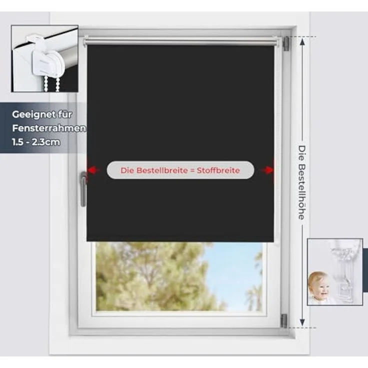 Grandekor Verdunklungsrollo ohne Bohren Schwarz 100x170 cm(Stoffbreite 96cm) Rollos für Fenster ohne Bohren & mit Bohren,Verdunkelungsrollo Thermorollo Klemmrollo Fensterrollo verdunkelung – Bild 6