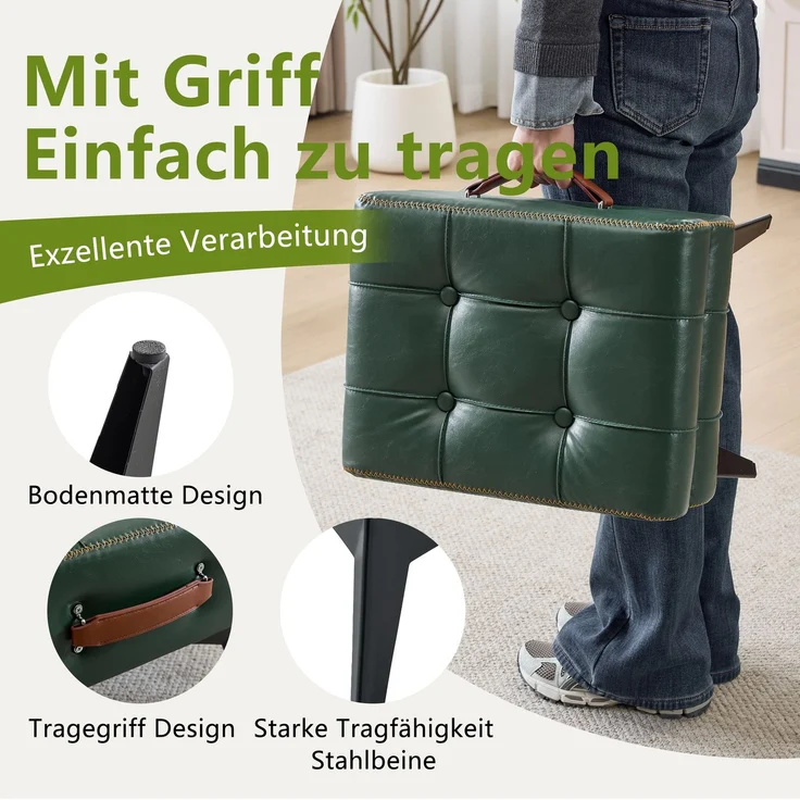 Hocker aus grünem Kunstleder mit Stahlbeinen und Tragegriff, 1 Stück,H 30 x T 43 x B 33 cm – Bild 9