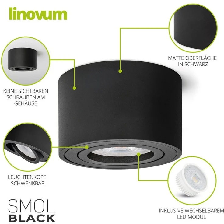 linovum LED Aufbaustrahler Aufbauleuchte SMOL schwenkbar in schwarz matt & rund mit LED 4W, Warmweiß – Bild 4
