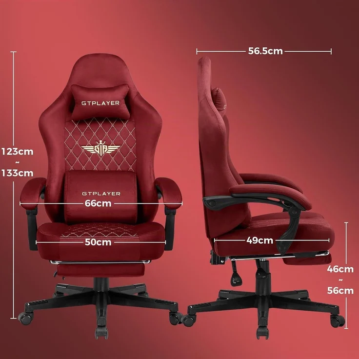 GTPLAYER Gaming Stuhl Stoff Gaming Chair Ergonomisch Bürostuh PC Stuhl, 150kg Belastbarkeit, Verstellbarer und Drehbarer Schreibtischstuh mit Federsitzkissen und Fußstütze, Rot – Bild 8