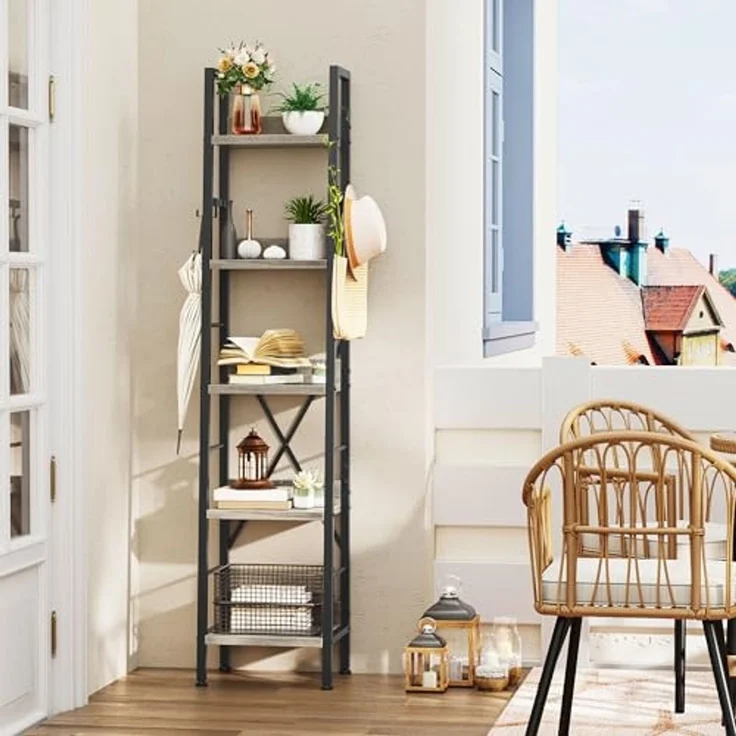 YITAHOME Schmal Bücherregal mit 5 Ebenen 35 cm Breit, Industrielles Leiterregal Standregal Holzregale und Metallrahmen, Modernes Regal für Wohnzimmer, Graues – Bild 5