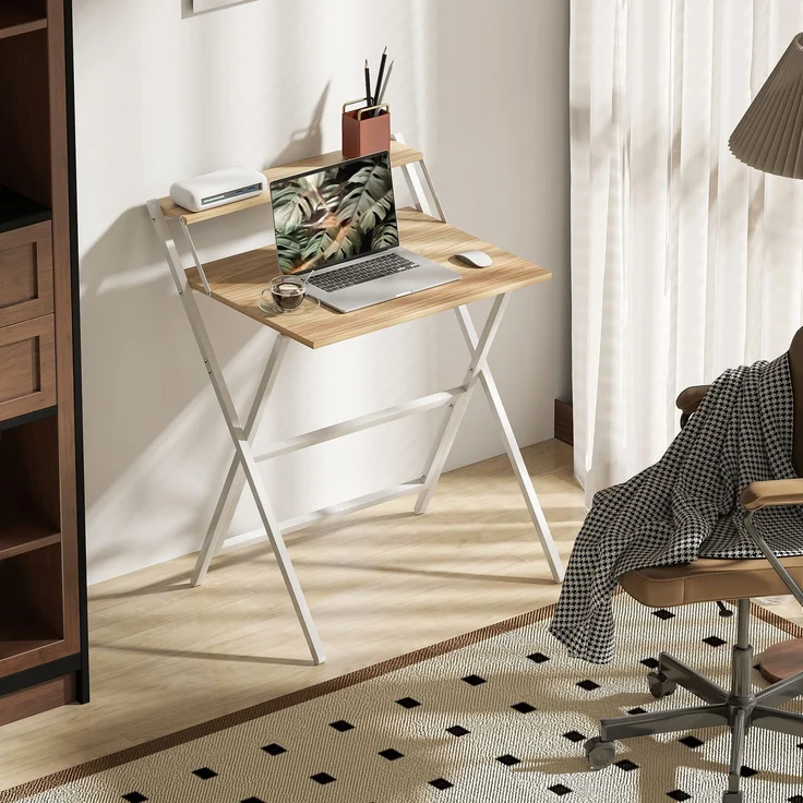 MELAYR, Schreibtisch mit Monitorständer, 70 cm Klappbarer Computertisch für Homeoffice, Kleine Räume, Natur, Naturholz – Bild 4