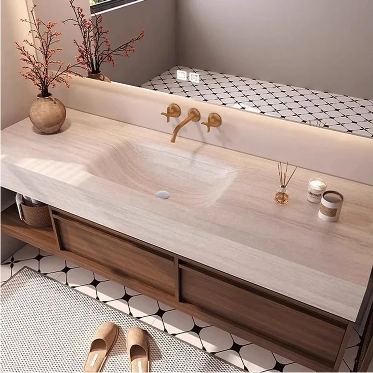 Muxing Badmöbel-Set Waschtisch-Set in Travertinoptik mit Spiegel und Unterschrank, (Set) – Bild 2