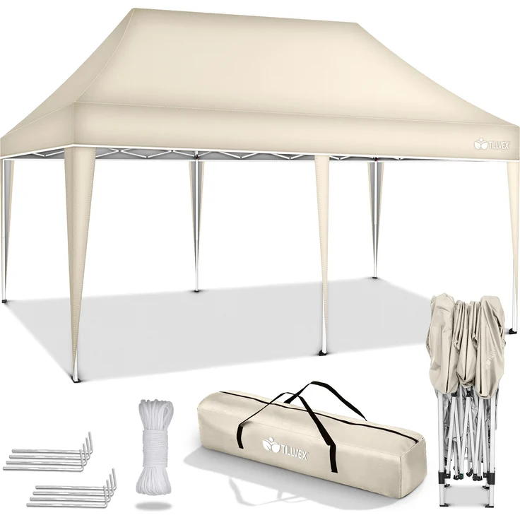 tillvex Pavillon 3x6m Beige wasserdicht | Pop-Up Faltpavillon höhenverstellbar | Gartenzelt UV Schutz 50+ | Partyzelt mit Tasche für Garten – Bild 6