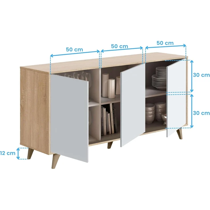 Habitdesign, modernes Sideboard mit 3 Türen – Buffet für Wohnzimmer oder Esszimmer, Beistellschrank mit viel Stauraum in Artik weiß & Eiche, Maße: 154 x 75 x 40 cm (B x H x T), Modell Kikua Plus – Bild 8