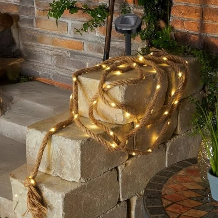 esotec LED-Lichterkette Beleuchtetes Juteseil außen 4,5m LED-Kette +2m Zuleitung 3000K 102164, Solarbetrieb ohne Stromanschluss, Dauer- oder Blinklicht, winterfest – Bild 2