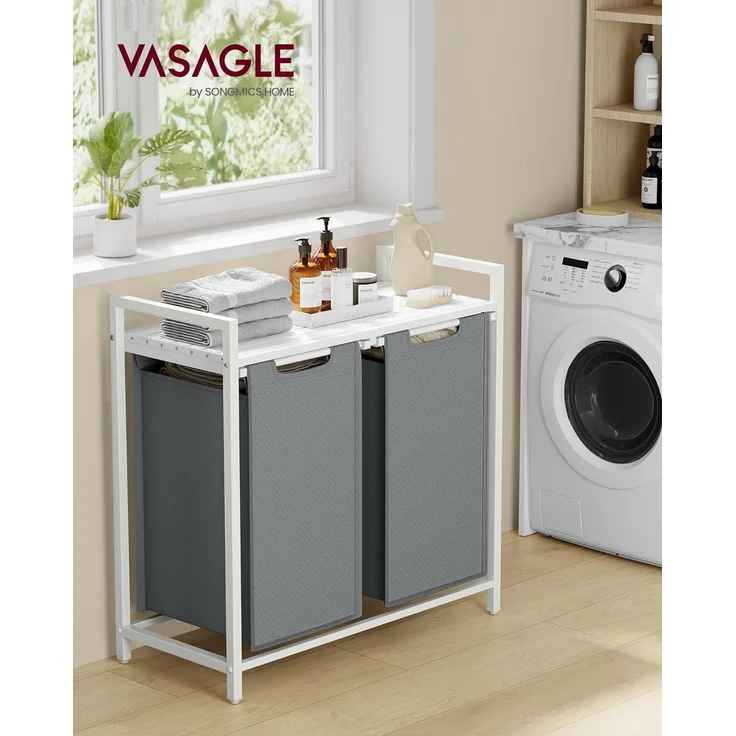 Vasagle Wäschekorb 2 Fächer, Wäschesammler mit Ablage, Wäschebox, Wäschesack aus Oxford-Gewebe ausziehbar abnehmbar, Metallrahmen, 2x46 L, 73 x 33 x 72 cm, weiß-hellgrau von Songmics – Bild 2