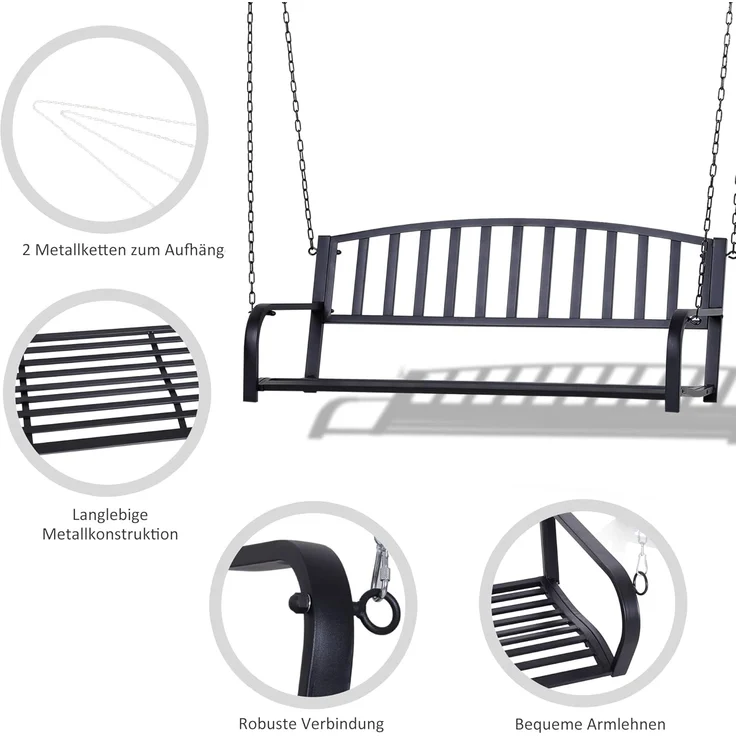 Outsunny Gartenbank mit Ketten (Gartenschaukel, 1-St, Hängebank), für Garten, Balkon, Schwarz – Bild 4